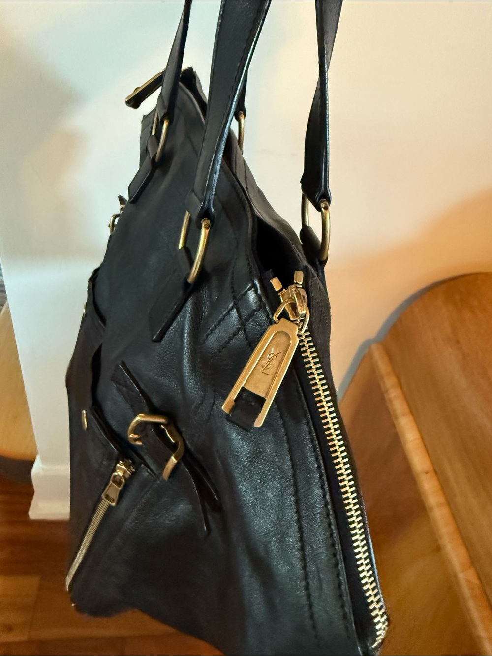 Yves Saint Laurent Downtown Black Leather Shoulder Tote with Gold Hardware - Picture 3 of 7